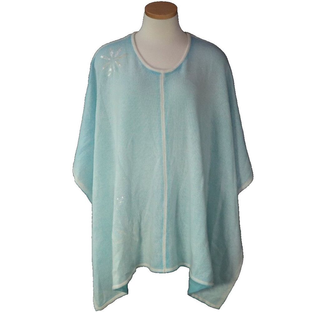 Knit Pancho Seguin Sweater Baby Blue and White Size 10 Yest NEW 48" x 28"